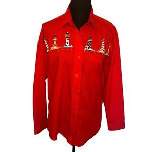 Vintage Nautical Lighthouse Embroidered Button Down Shirt Sz M Retro 80s Coastal
